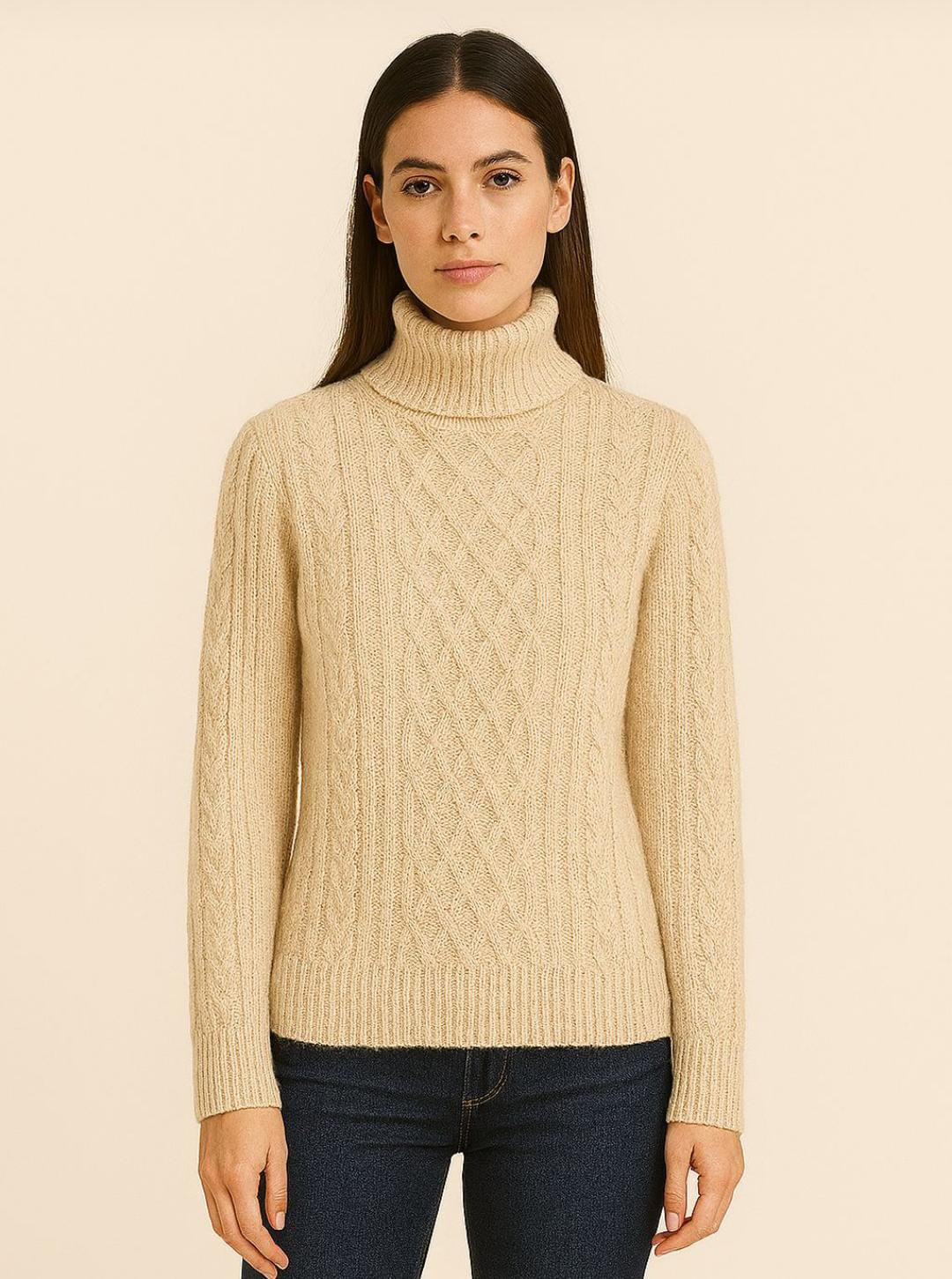 Beige Braided Turtleneck Sweater